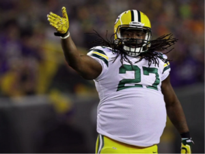 An overweight Eddie Lacy pleads for a first down. 