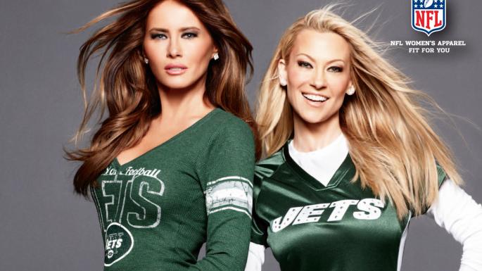 Melania Trump models Jets NFL apparel. 